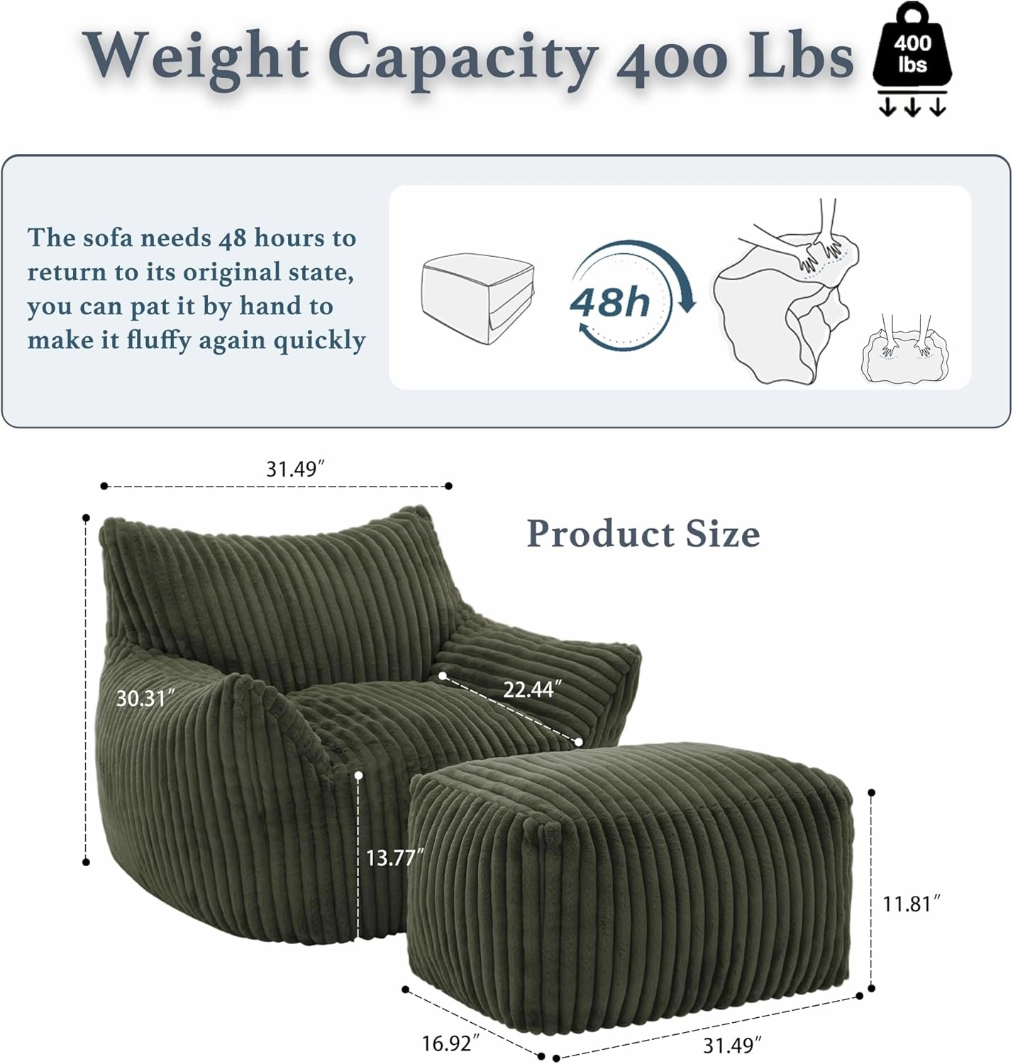 Giant Plush Bean Bag Chair for Adults with Armrests and Footstool - Oversized Comfy Green Beanbag Chaise Lounge Lazy Floor Sofa Chair for Living Room, Bedroom & Dorm, Cozy Fluffy Cloud Mini Couch