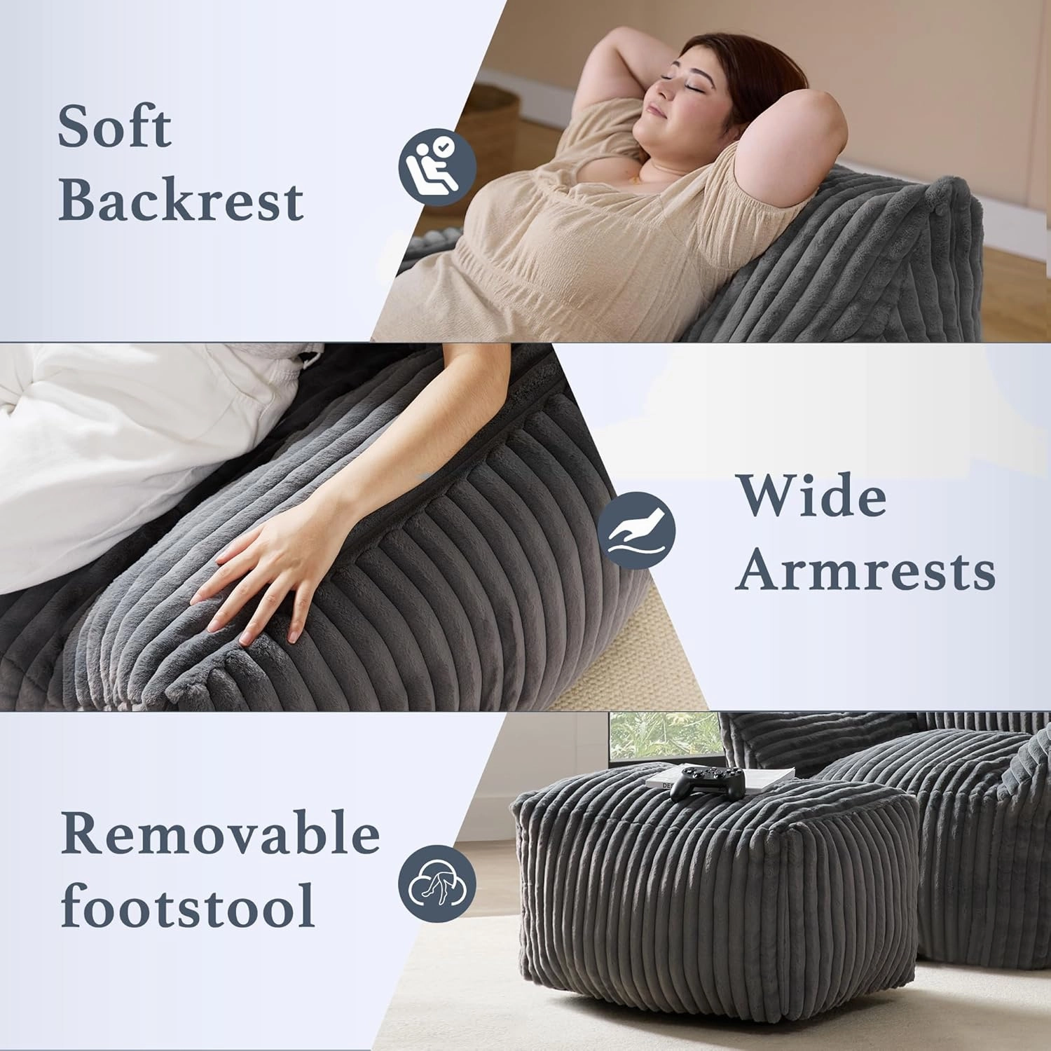 Giant Plush Bean Bag Chair for Adults with Armrests and Footstool - Oversized Comfy Grey Beanbag Chaise Lounge Lazy Floor Sofa Chair for Living Room, Bedroom & Dorm, Cozy Fluffy Cloud Mini Couch