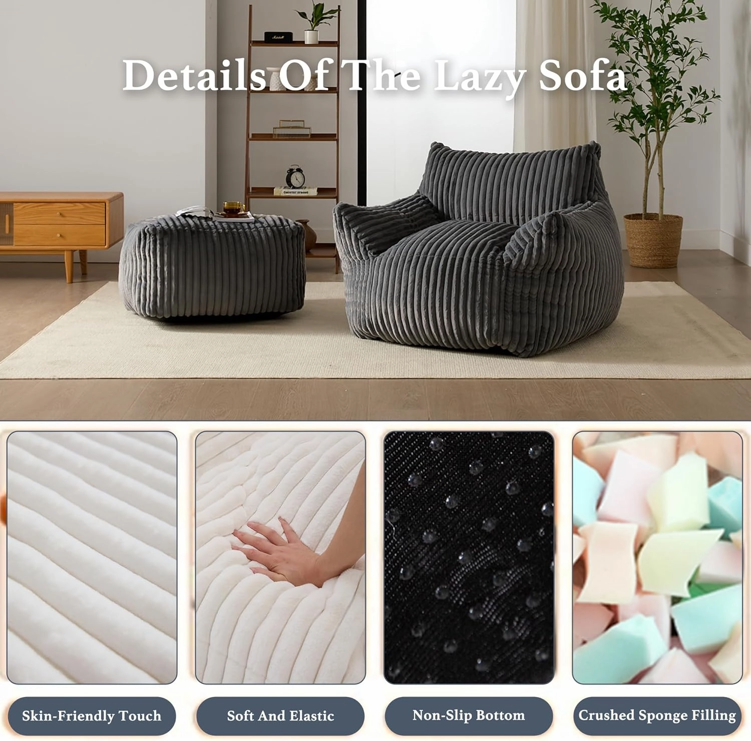 Giant Plush Bean Bag Chair for Adults with Armrests and Footstool - Oversized Comfy Grey Beanbag Chaise Lounge Lazy Floor Sofa Chair for Living Room, Bedroom & Dorm, Cozy Fluffy Cloud Mini Couch