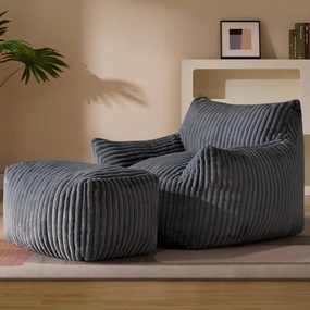 Giant Plush Bean Bag Chair for Adults with Armrests and Footstool - Oversized Comfy Grey Beanbag Chaise Lounge Lazy Floor Sofa Chair for Living Room, Bedroom & Dorm, Cozy Fluffy Cloud Mini Couch