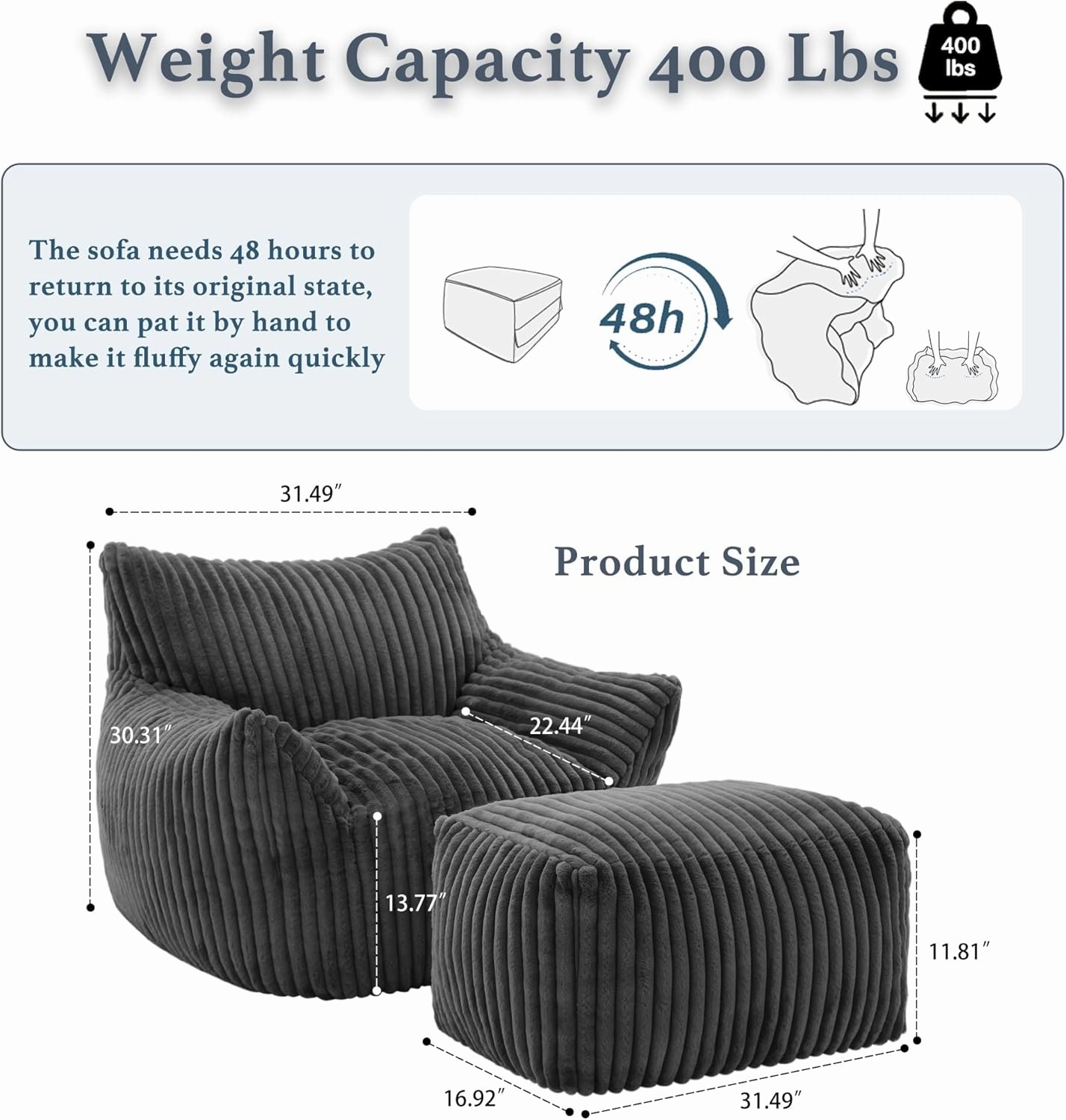 Giant Plush Bean Bag Chair for Adults with Armrests and Footstool - Oversized Comfy Grey Beanbag Chaise Lounge Lazy Floor Sofa Chair for Living Room, Bedroom & Dorm, Cozy Fluffy Cloud Mini Couch