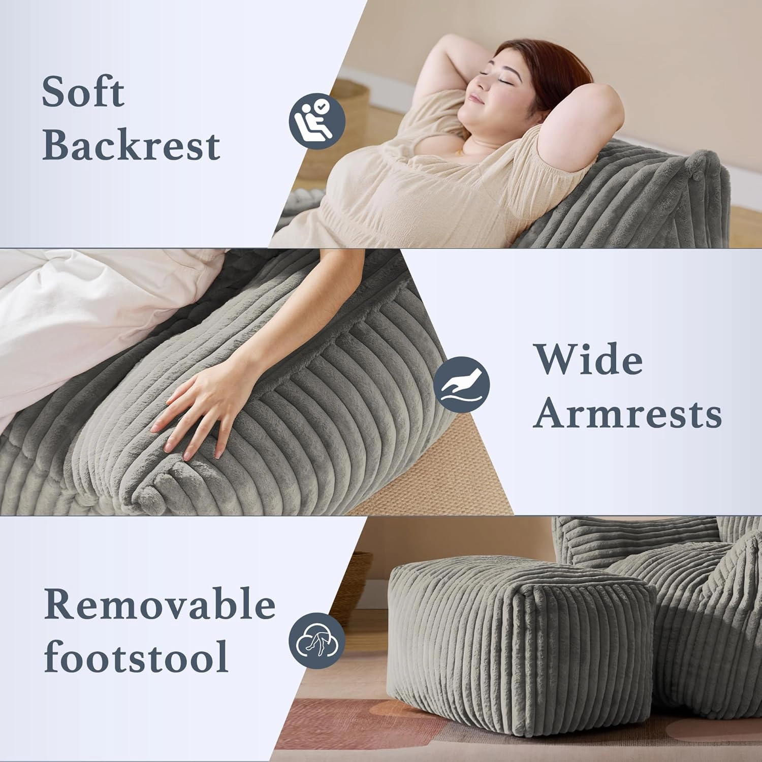 Giant Plush Bean Bag Chair for Adults with Armrests and Footstool - Oversized Comfy Light Grey Beanbag Chaise Lounge Lazy Floor Sofa Chair for Living Room, Bedroom & Dorm, Cozy Fluffy Cloud Mini Couch