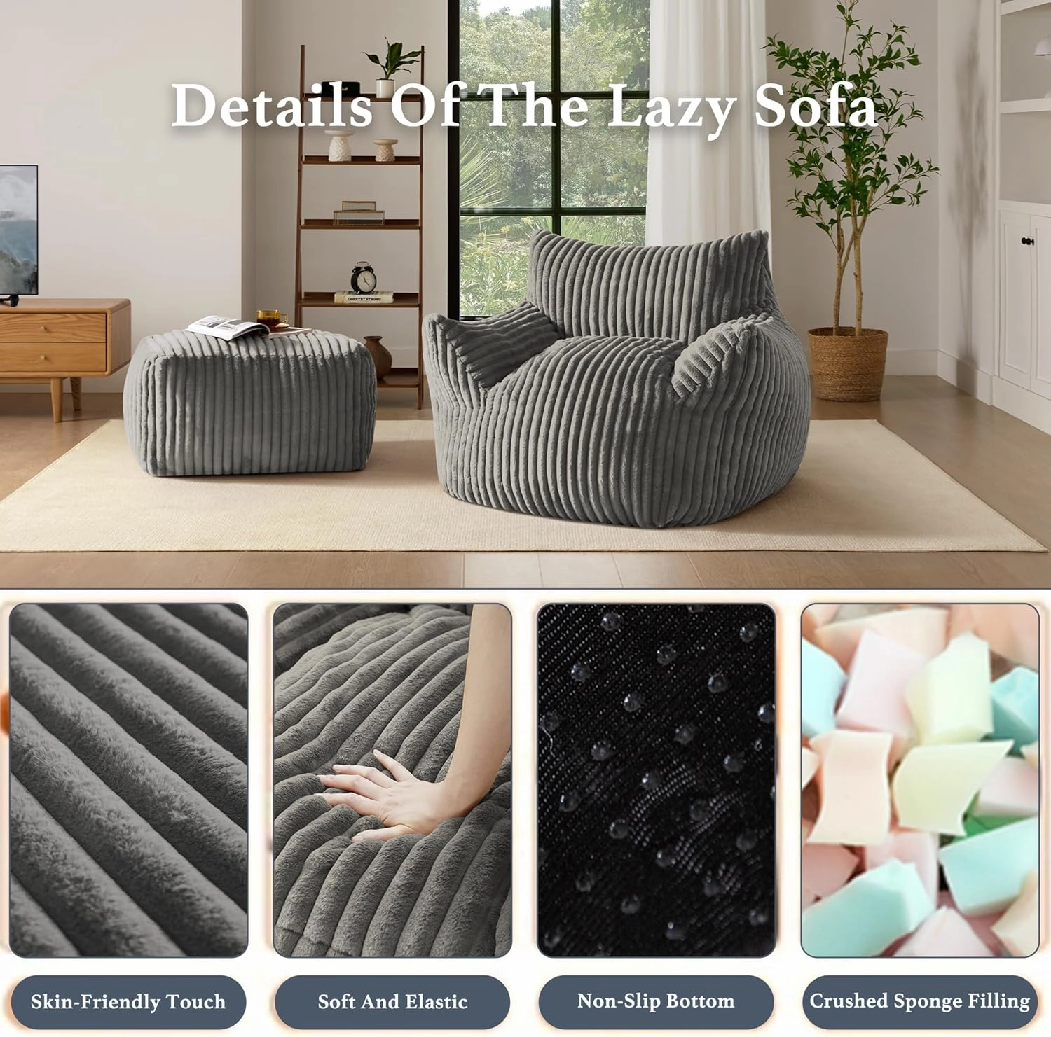 Giant Plush Bean Bag Chair for Adults with Armrests and Footstool - Oversized Comfy Light Grey Beanbag Chaise Lounge Lazy Floor Sofa Chair for Living Room, Bedroom & Dorm, Cozy Fluffy Cloud Mini Couch