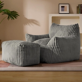 Giant Plush Bean Bag Chair for Adults with Armrests and Footstool - Oversized Comfy Light Grey Beanbag Chaise Lounge Lazy Floor Sofa Chair for Living Room, Bedroom & Dorm, Cozy Fluffy Cloud Mini Couch
