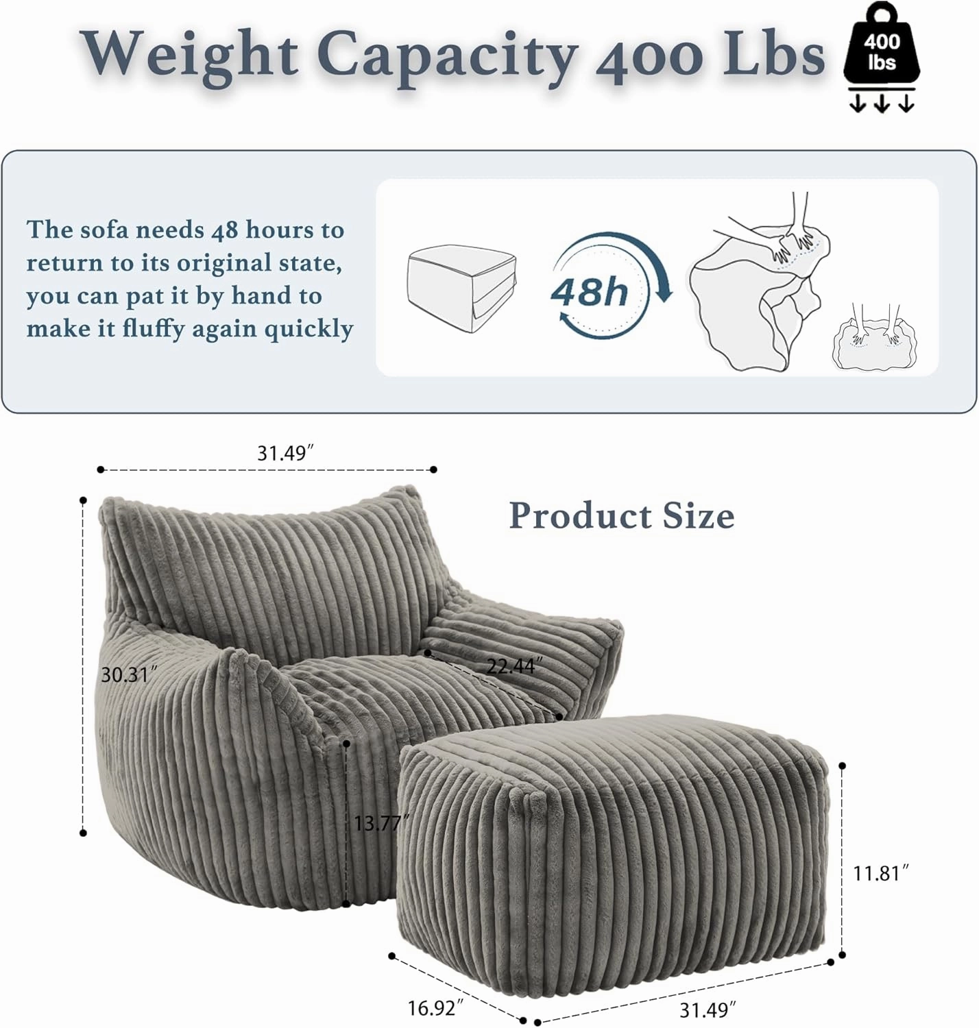 Giant Plush Bean Bag Chair for Adults with Armrests and Footstool - Oversized Comfy Light Grey Beanbag Chaise Lounge Lazy Floor Sofa Chair for Living Room, Bedroom & Dorm, Cozy Fluffy Cloud Mini Couch