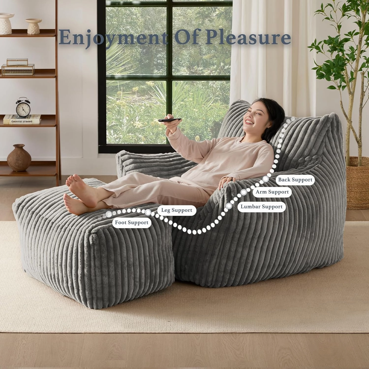 Giant Plush Bean Bag Chair for Adults with Armrests and Footstool - Oversized Comfy Light Grey Beanbag Chaise Lounge Lazy Floor Sofa Chair for Living Room, Bedroom & Dorm, Cozy Fluffy Cloud Mini Couch