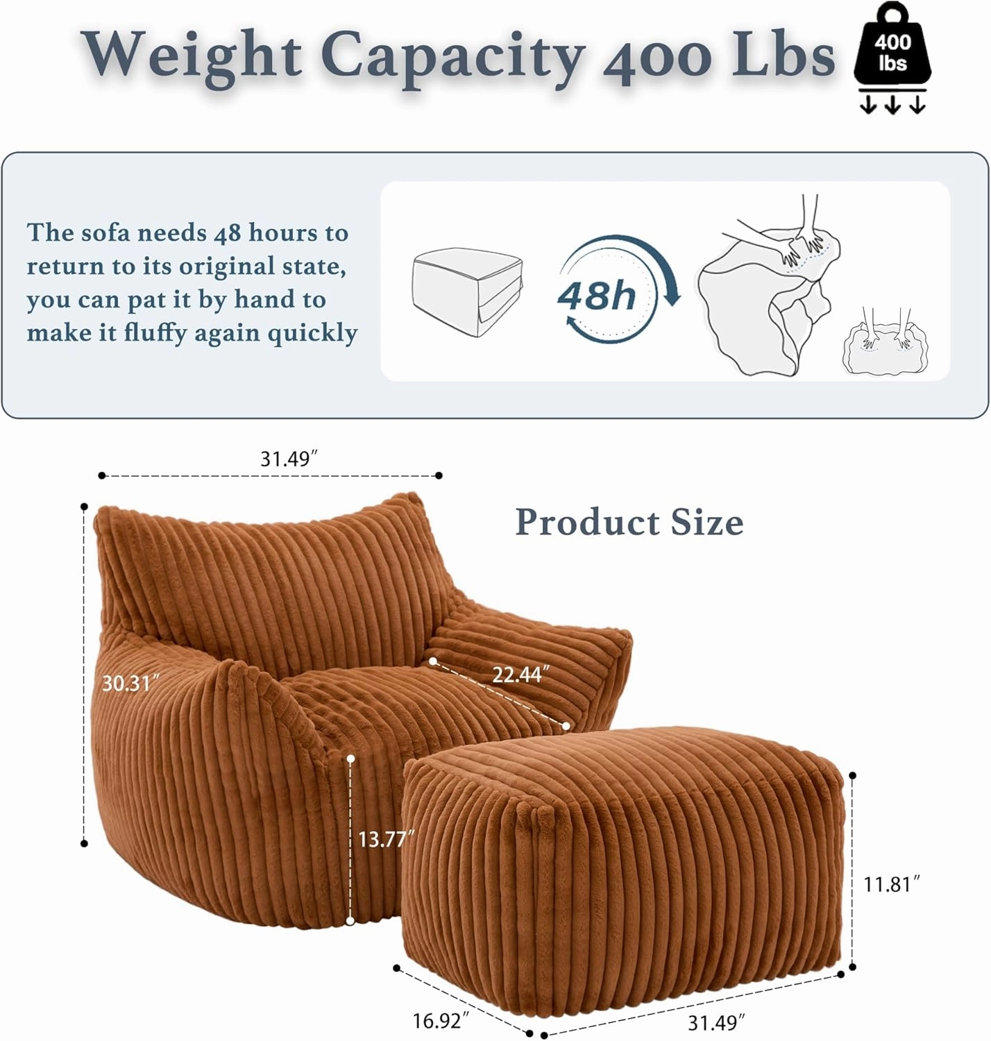 Giant Plush Bean Bag Chair for Adults with Armrests and Footstool - Oversized Comfy Orange Beanbag Chaise Lounge Lazy Floor Sofa Chair for Living Room, Bedroom & Dorm, Cozy Fluffy Cloud Mini Couch