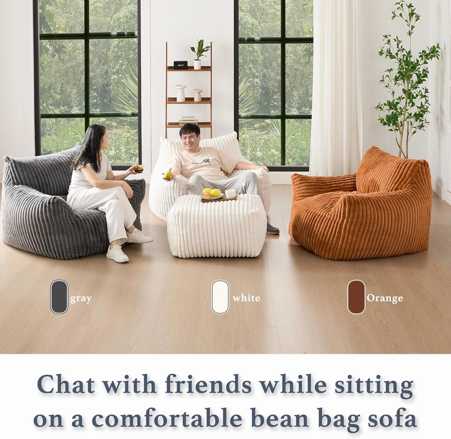 Giant Plush Bean Bag Chair for Adults with Armrests and Footstool - Oversized Comfy Orange Beanbag Chaise Lounge Lazy Floor Sofa Chair for Living Room, Bedroom & Dorm, Cozy Fluffy Cloud Mini Couch