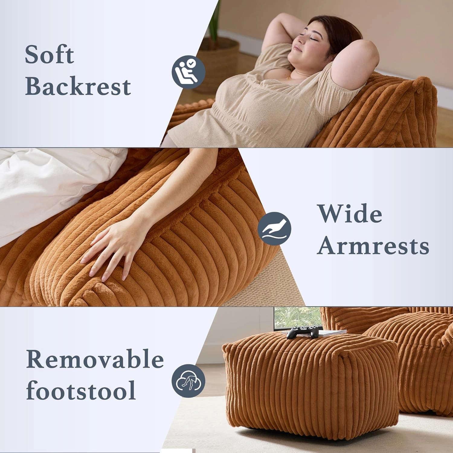 Giant Plush Bean Bag Chair for Adults with Armrests and Footstool - Oversized Comfy Orange Beanbag Chaise Lounge Lazy Floor Sofa Chair for Living Room, Bedroom & Dorm, Cozy Fluffy Cloud Mini Couch