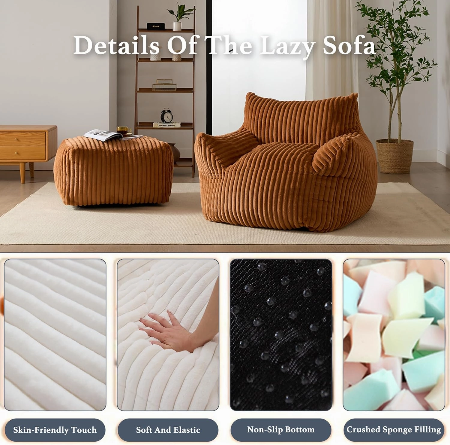 Giant Plush Bean Bag Chair for Adults with Armrests and Footstool - Oversized Comfy Orange Beanbag Chaise Lounge Lazy Floor Sofa Chair for Living Room, Bedroom & Dorm, Cozy Fluffy Cloud Mini Couch