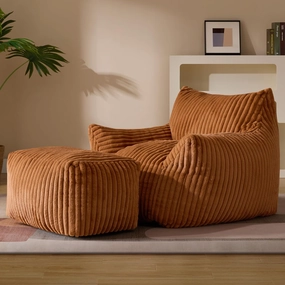 Giant Plush Bean Bag Chair for Adults with Armrests and Footstool - Oversized Comfy Orange Beanbag Chaise Lounge Lazy Floor Sofa Chair for Living Room, Bedroom & Dorm, Cozy Fluffy Cloud Mini Couch