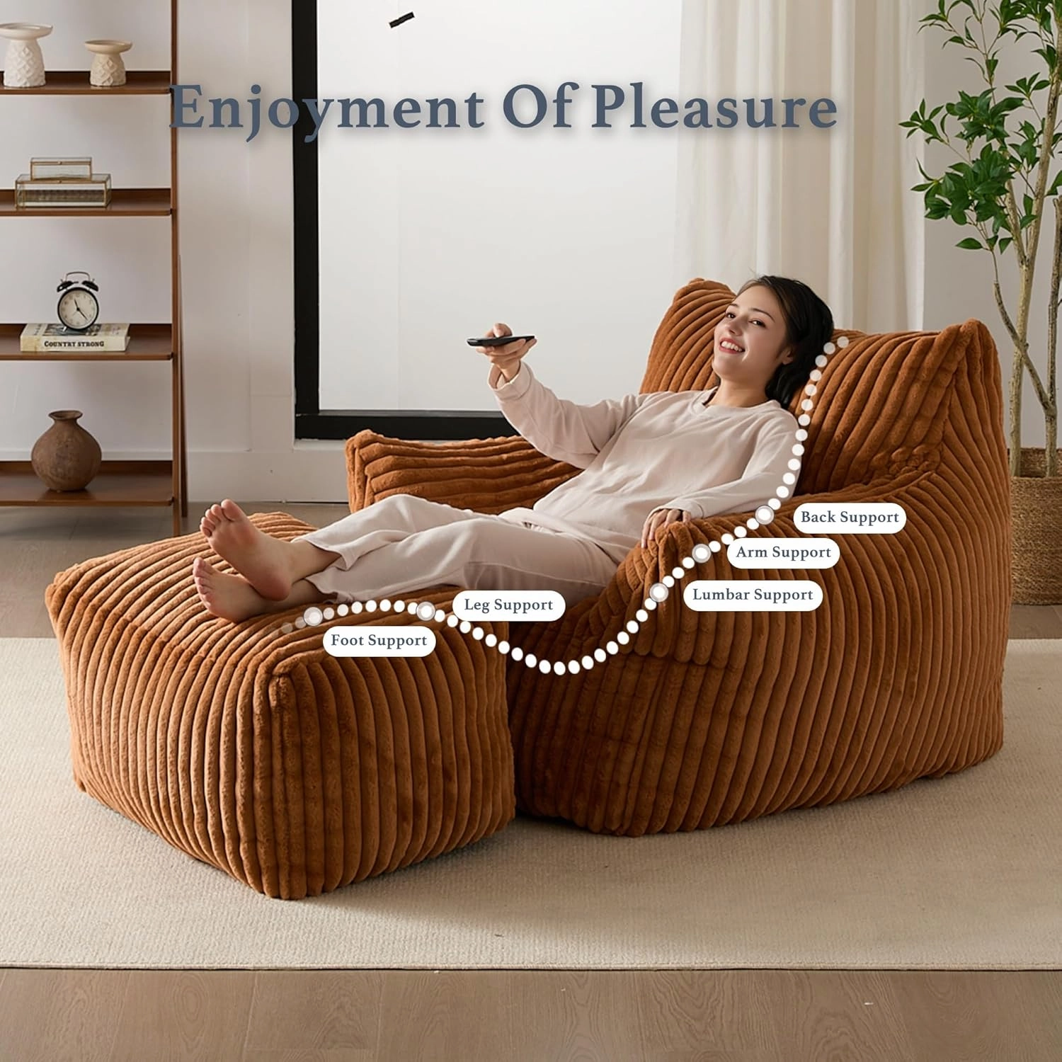 Giant Plush Bean Bag Chair for Adults with Armrests and Footstool - Oversized Comfy Orange Beanbag Chaise Lounge Lazy Floor Sofa Chair for Living Room, Bedroom & Dorm, Cozy Fluffy Cloud Mini Couch