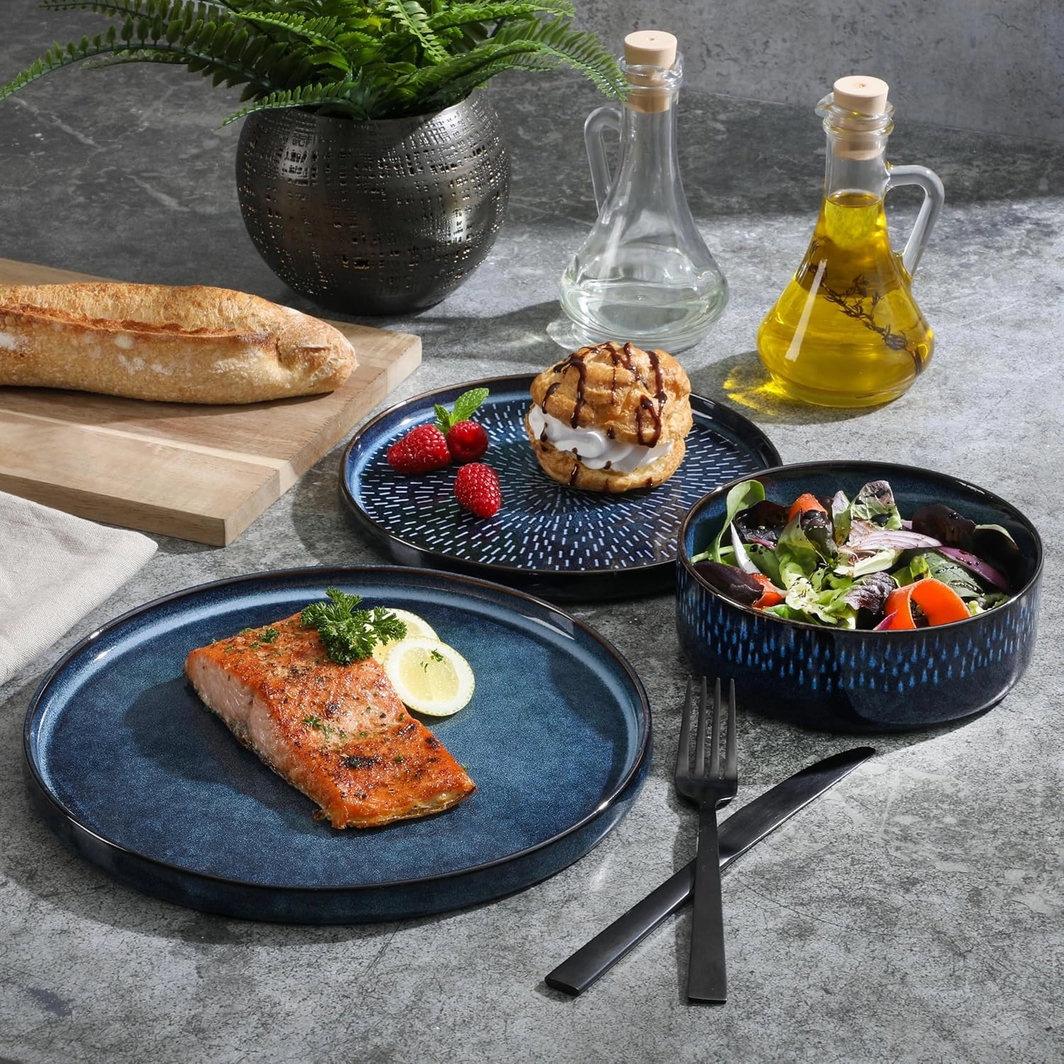 Gibson Elite 12 Piece Matisse Moderna Stoneware Reactive Glaze Plates and Bowls Dishes Dinnerware Set - Cobalt Blue