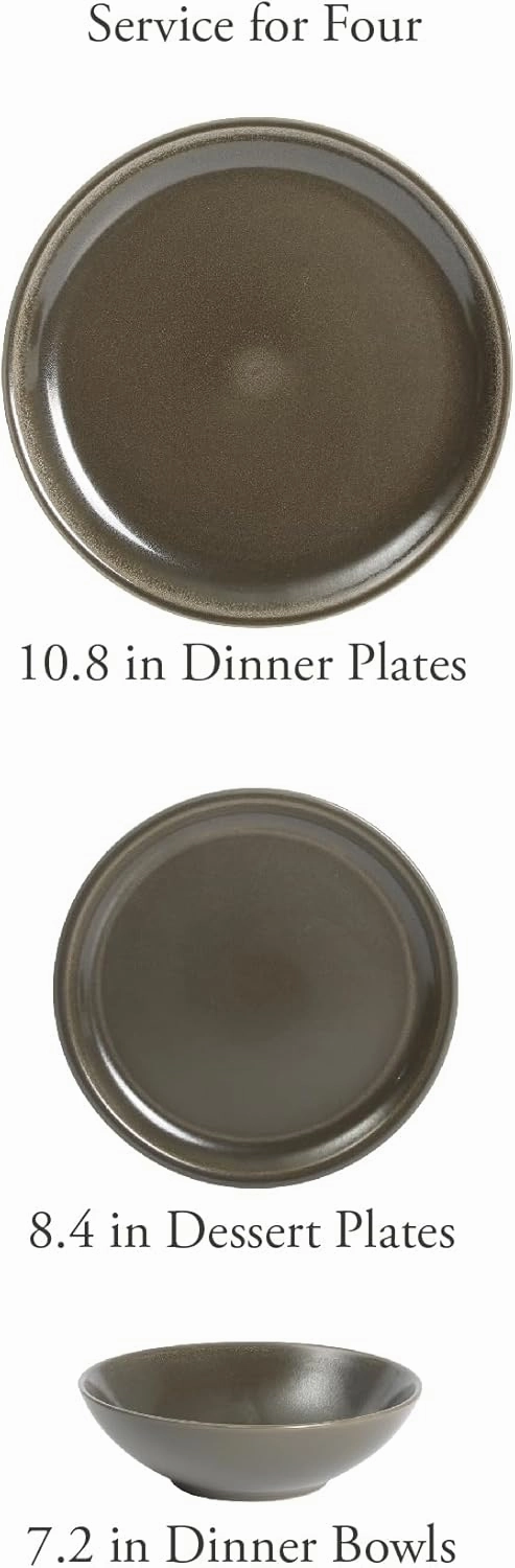 Gibson Elite 12 Piece (Service for 4) Lakecrest Plates and Bowls Reactive Glaze Round Dishes Stoneware Ceramic Dinnerware Set - Dark Green