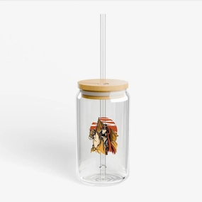 Gift for Medieval Knight Fans Cool Horse Sunset Design 16Oz Glass Can with Lid and Straw