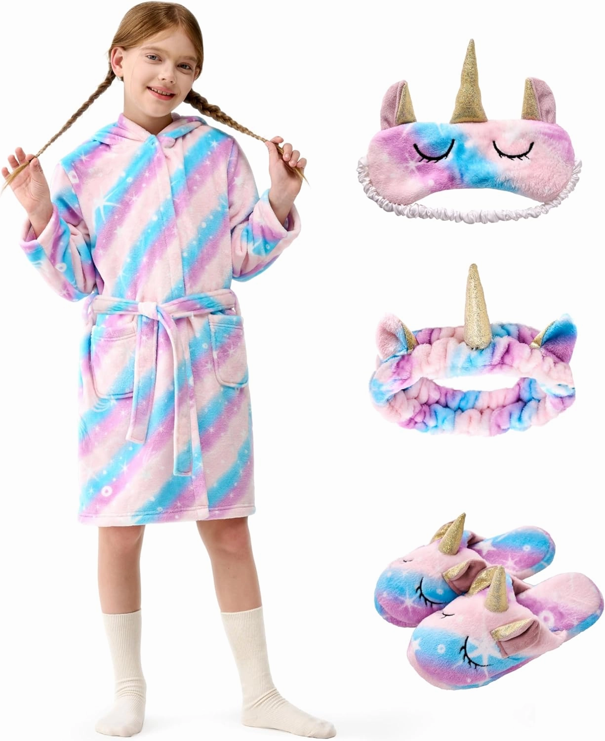 Giggling Getup Unicorn Kids Robe, Girls Bath Robe with Headband, Slippers, Eye Mask, Girls Christmas Pajamas
