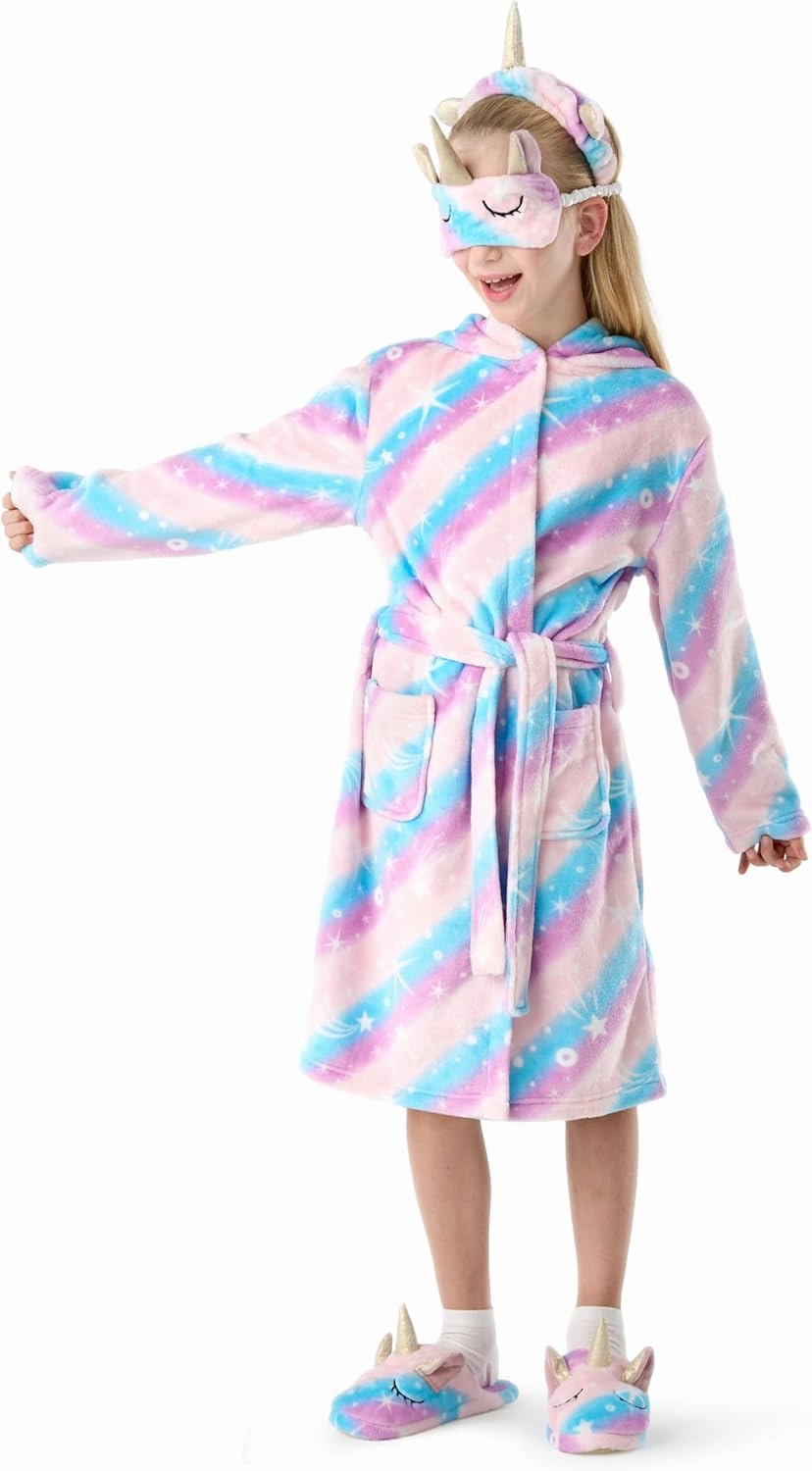 Giggling Getup Unicorn Kids Robe, Girls Bath Robe with Headband, Slippers, Eye Mask, Girls Christmas Pajamas