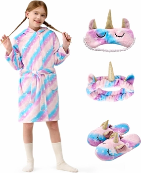 Giggling Getup Unicorn Kids Robe, Girls Bath Robe with Headband, Slippers, Eye Mask, Girls Christmas Pajamas
