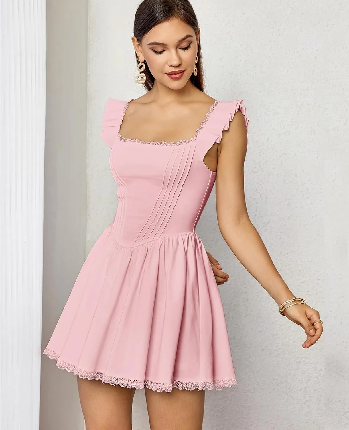 GLNEGE Women's Graduation Summer Mini Corset Dress Square Neck Short Ruffle Sleeve A Line Cute Trendy Party Dresses 2025