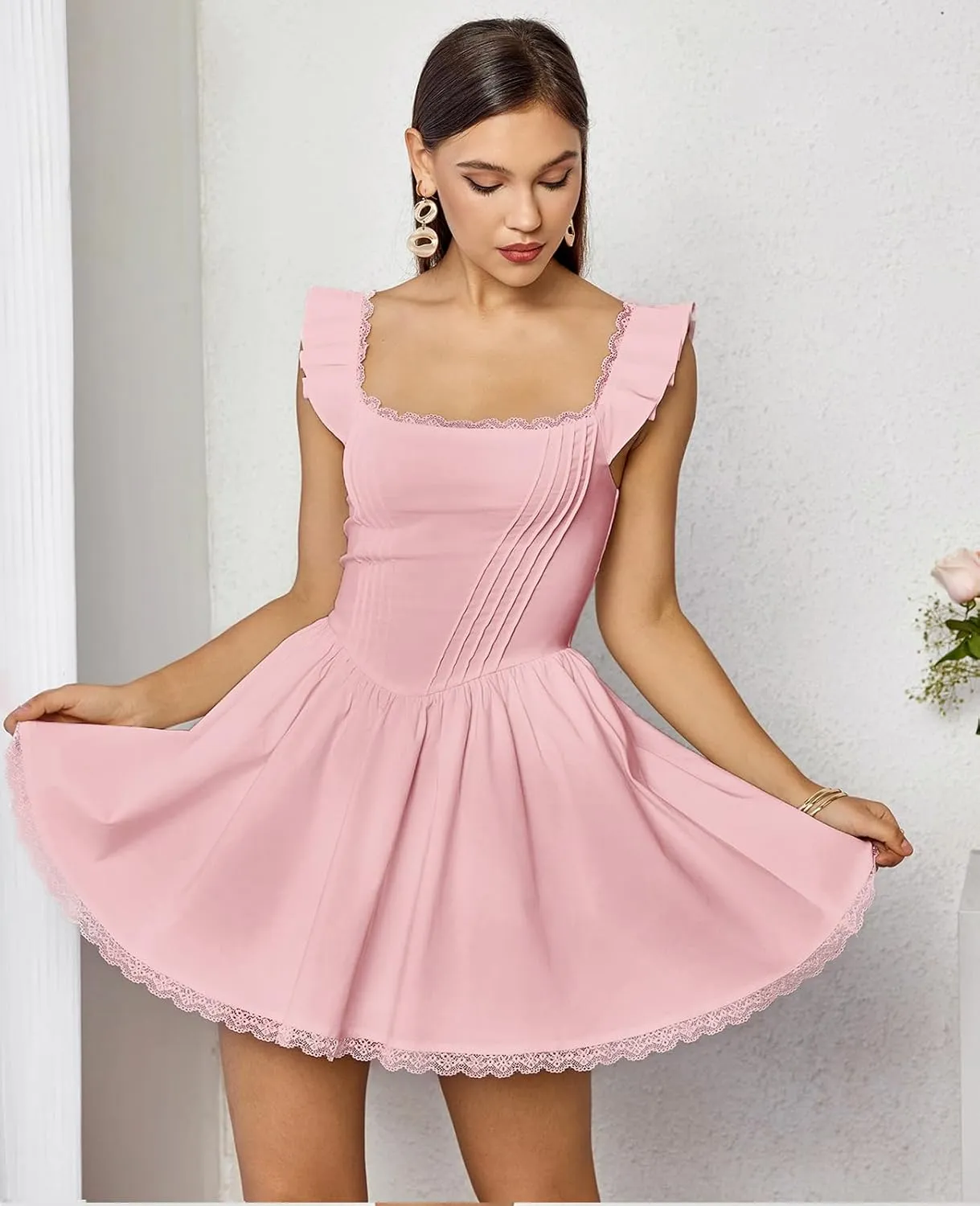 GLNEGE Women's Graduation Summer Mini Corset Dress Square Neck Short Ruffle Sleeve A Line Cute Trendy Party Dresses 2025