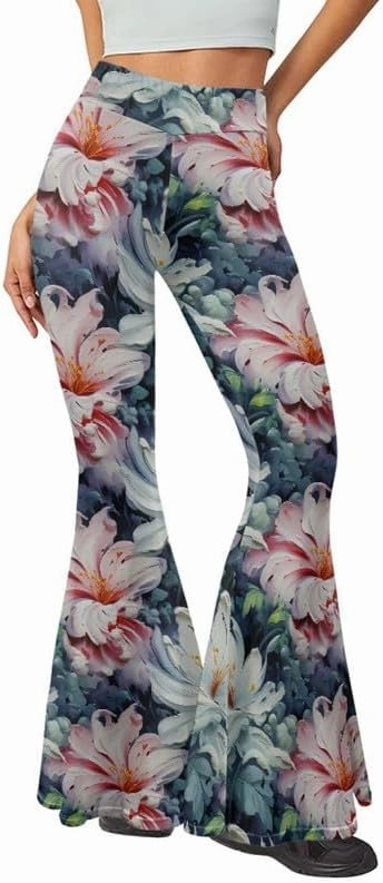 Gold China Loong Women Bootcut Yoga Pants Ditsy Floral Wide Leg Lounge Pants Retro Rose Elastic Casual Leggings