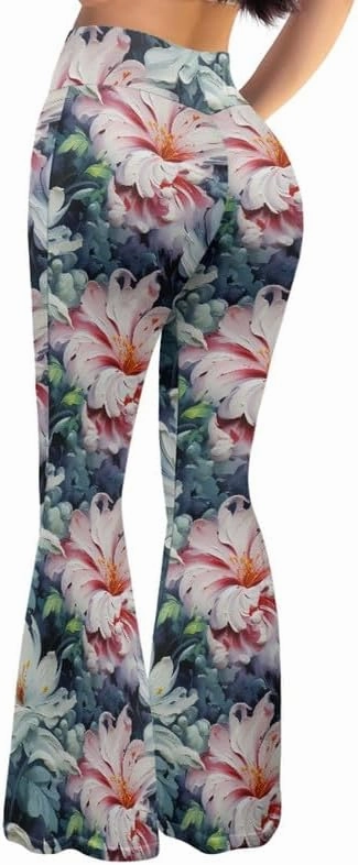 Gold China Loong Women Bootcut Yoga Pants Ditsy Floral Wide Leg Lounge Pants Retro Rose Elastic Casual Leggings