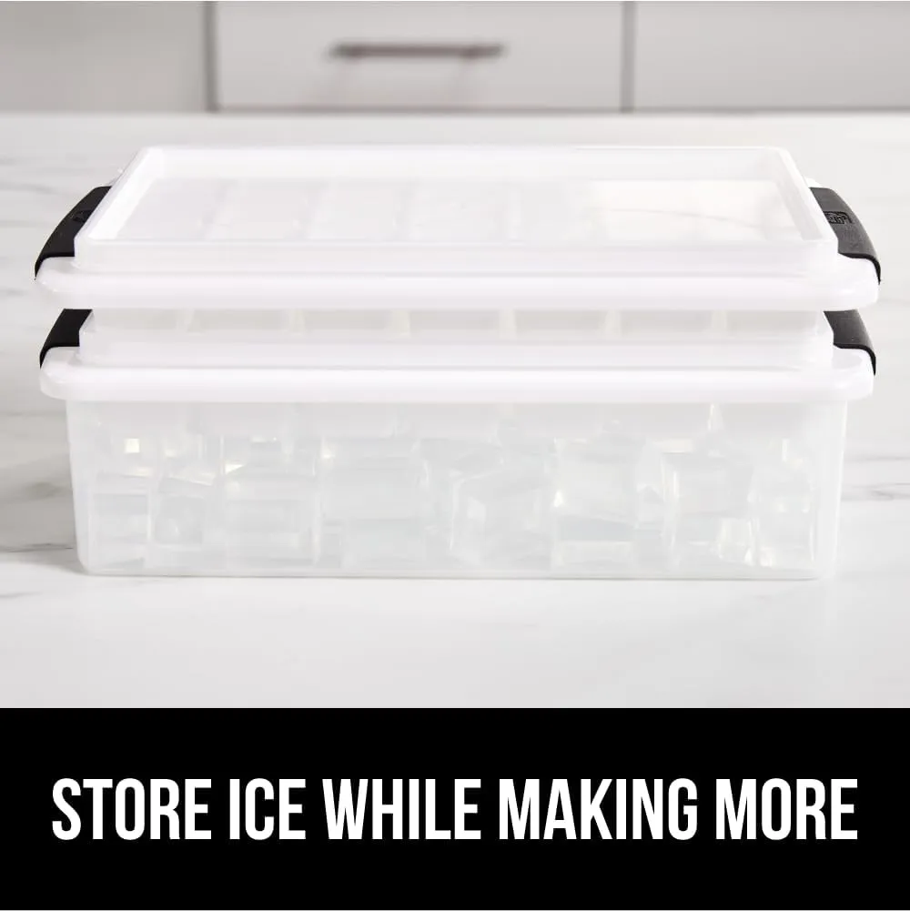 GORILLA GRIP Stackable Ice Cube Tray and Bucket Set for Freezer, Includes 2 Trays with Lid and Scooper, Easy Release, Makes 56 Cubes for Cocktail Soda Coffee, Leak Proof Bin Kit, Kitchen Tools, Black