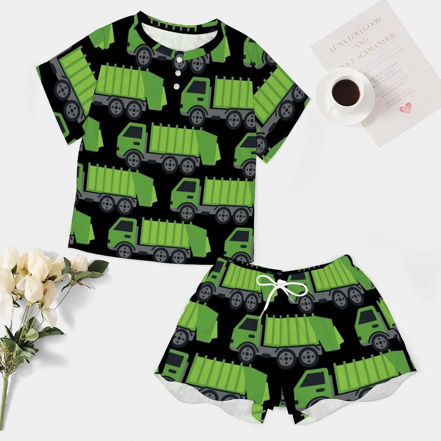 Green Garbage Truck Womens Pajamas Set Loungewear Short Sleeve Sleepwear PJ