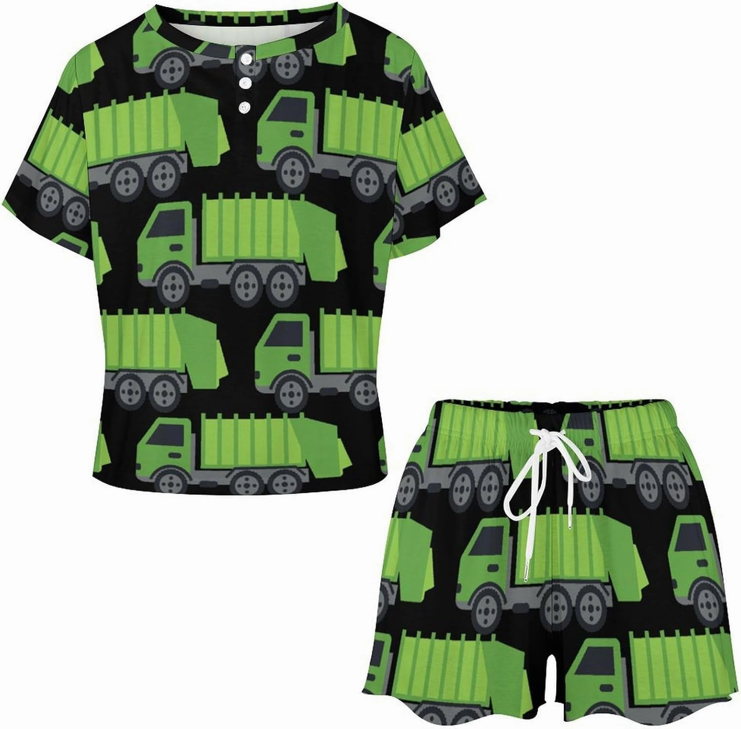 Green Garbage Truck Womens Pajamas Set Loungewear Short Sleeve Sleepwear PJ