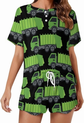 Green Garbage Truck Womens Pajamas Set Loungewear Short Sleeve Sleepwear PJ