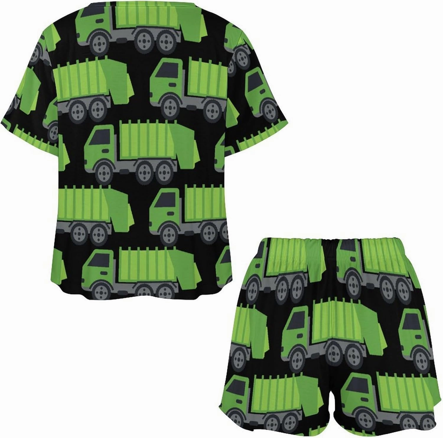 Green Garbage Truck Womens Pajamas Set Loungewear Short Sleeve Sleepwear PJ