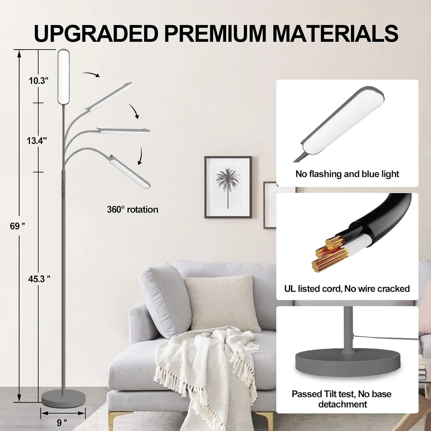 Grey LED Floor Lamp, 18W 1800LM Bright, Remote Controlled, Dimmable, Eye-Caring Reading Light for Living Room, Bedroom, Office
