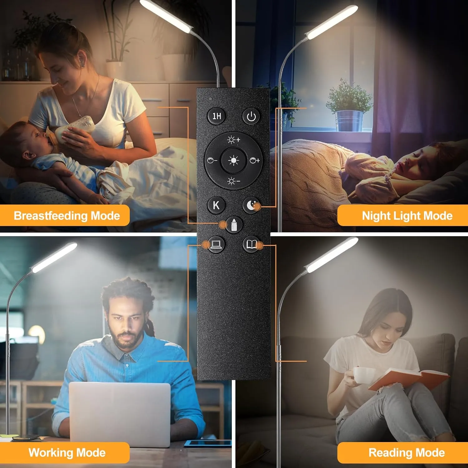 Grey LED Floor Lamp, 18W 1800LM Bright, Remote Controlled, Dimmable, Eye-Caring Reading Light for Living Room, Bedroom, Office