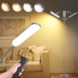 Grey LED Floor Lamp, 18W 1800LM Bright, Remote Controlled, Dimmable, Eye-Caring Reading Light for Living Room, Bedroom, Office
