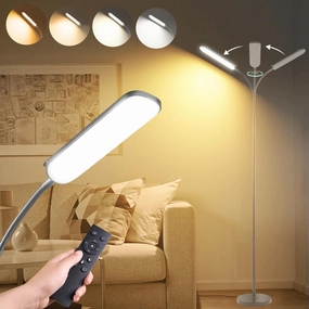 Grey LED Floor Lamp, 18W 1800LM Bright, Remote Controlled, Dimmable, Eye-Caring Reading Light for Living Room, Bedroom, Office