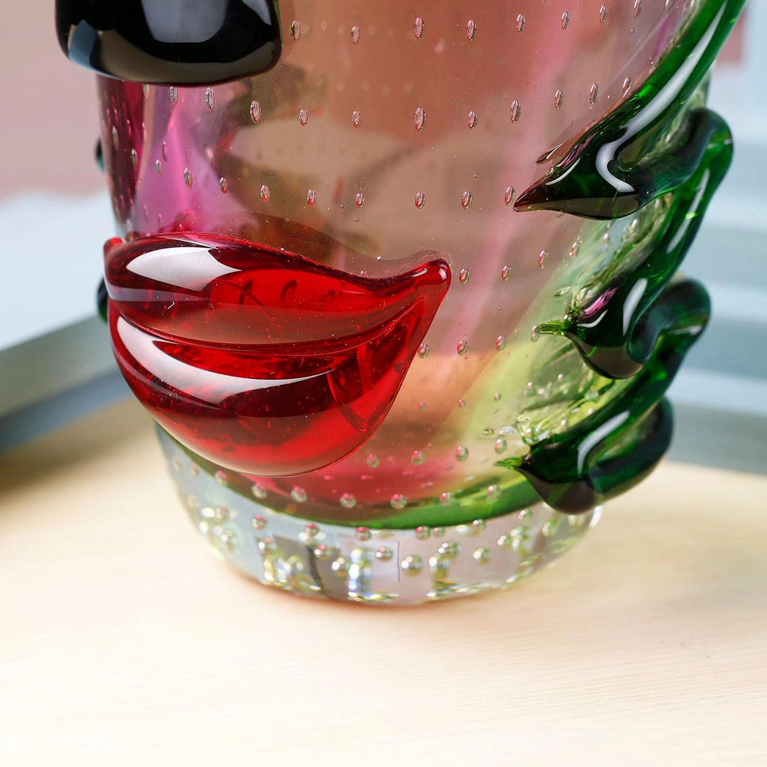Hand Blown Murano Style Art Glass Vase with face, Multicolor, 14.57in Tall