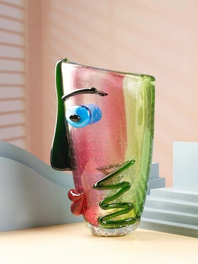 Hand Blown Murano Style Art Glass Vase with face, Multicolor, 14.57in Tall