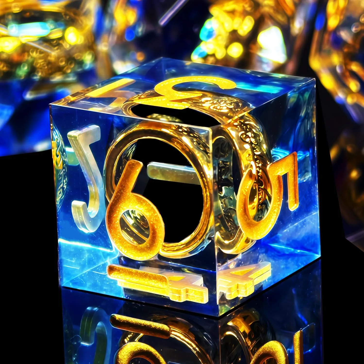 HAOMEJA Ring Magic Resin Dice Set 7Pcs with Bag Sharp Edge Polyhedral Dice, Apply to D&D Dungeons & Dragons Role-Playing Games D20, D12, D10, D8, D6, D4 Dice, Board Games Gift (Blue & Gold Word)