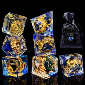 HAOMEJA Ring Magic Resin Dice Set 7Pcs with Bag Sharp Edge Polyhedral Dice, Apply to D&D Dungeons & Dragons Role-Playing Games D20, D12, D10, D8, D6, D4 Dice, Board Games Gift (Blue & Gold Word)