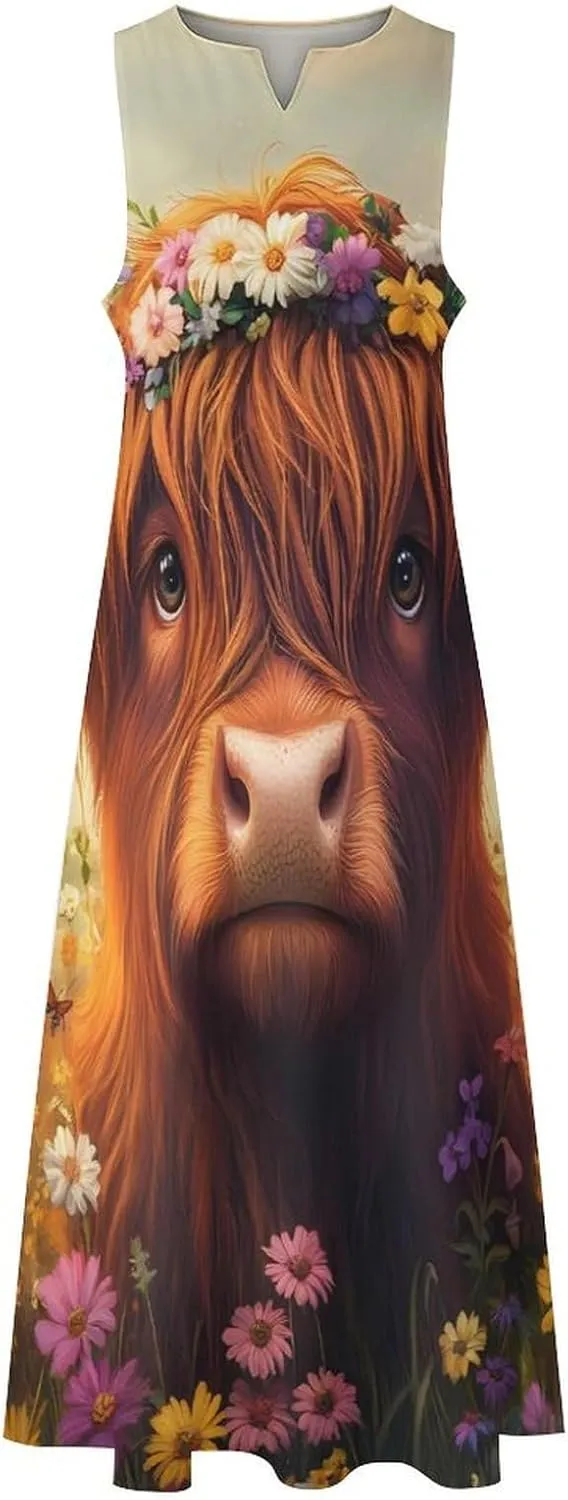 Highland Cow (2) Women's Maxi Dress V-Neck Sleeveless Summer Casual Beach Long Dresses
