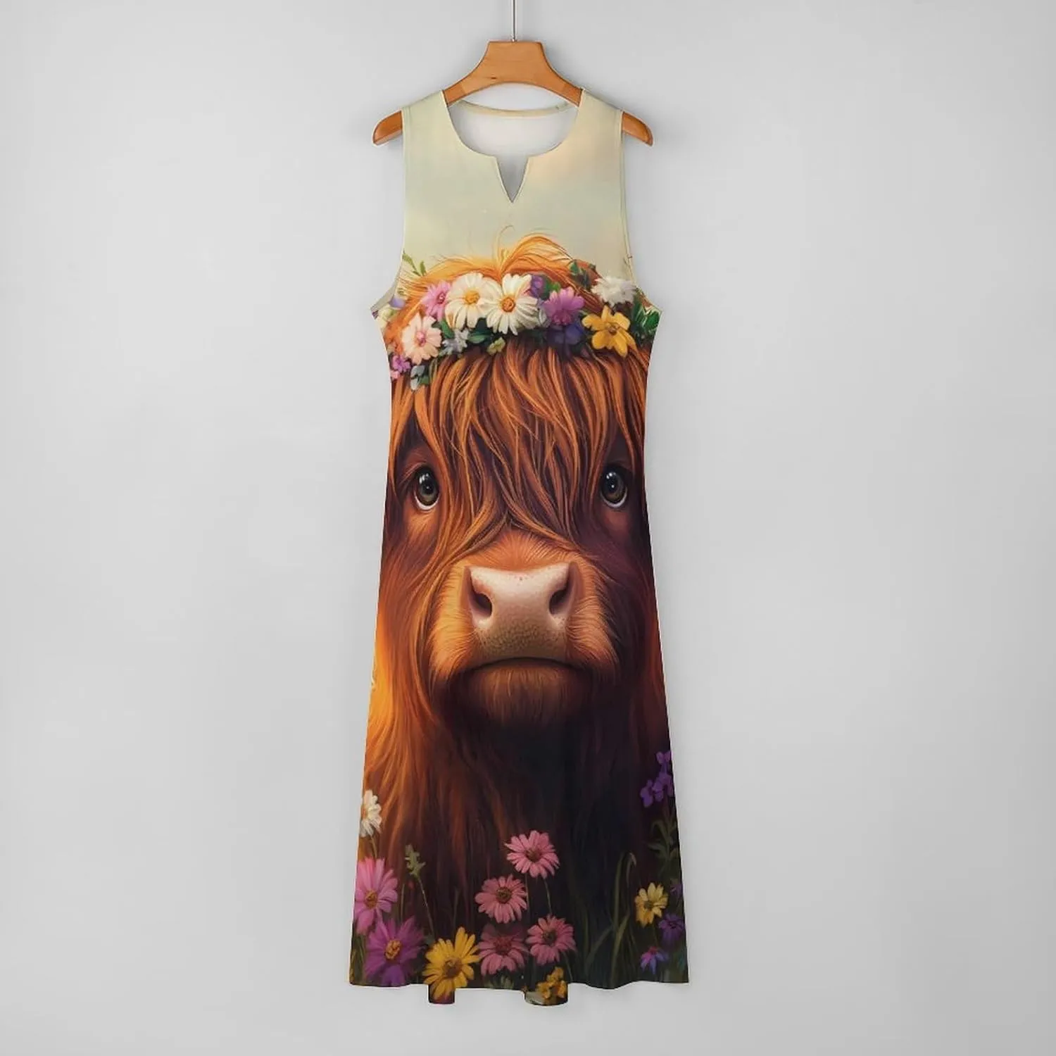 Highland Cow (2) Women's Maxi Dress V-Neck Sleeveless Summer Casual Beach Long Dresses