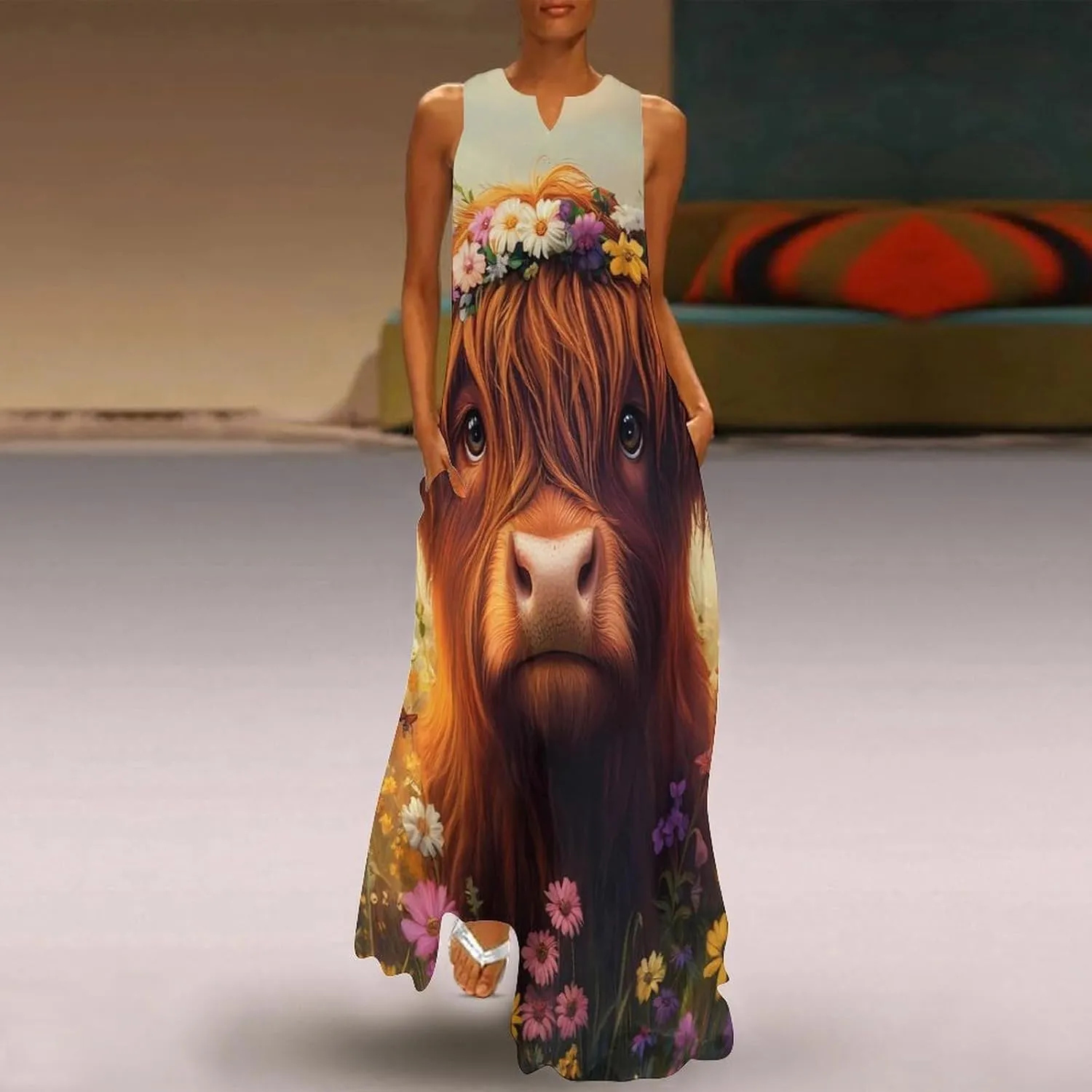 Highland Cow (2) Women's Maxi Dress V-Neck Sleeveless Summer Casual Beach Long Dresses