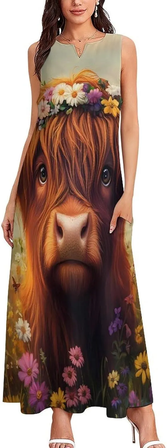 Highland Cow (2) Women's Maxi Dress V-Neck Sleeveless Summer Casual Beach Long Dresses
