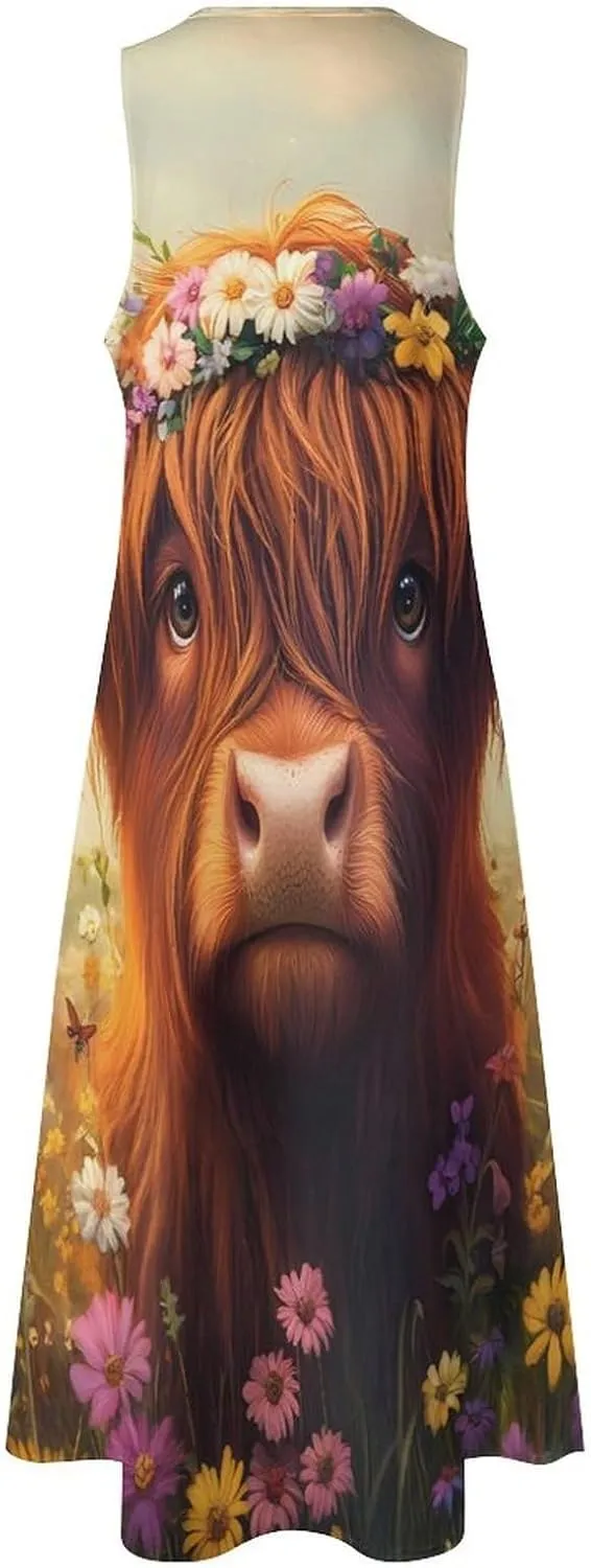 Highland Cow (2) Women's Maxi Dress V-Neck Sleeveless Summer Casual Beach Long Dresses