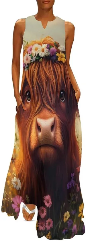 Highland Cow (2) Women's Maxi Dress V-Neck Sleeveless Summer Casual Beach Long Dresses