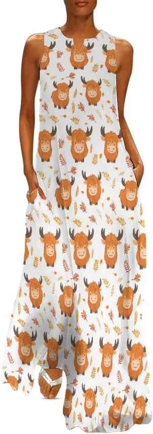 Highland Cow Leaf Women's Maxi Dress V-Neck Sleeveless Summer Casual Beach Long Dresses