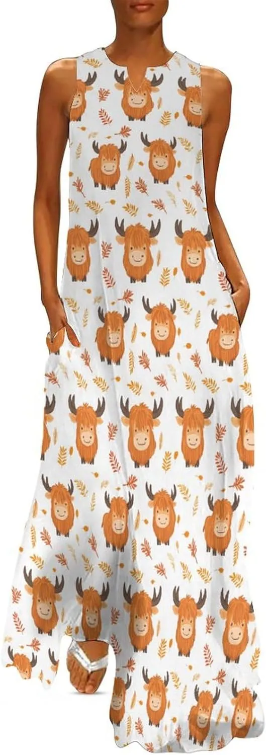 Highland Cow Leaf Women's Maxi Dress V-Neck Sleeveless Summer Casual Beach Long Dresses