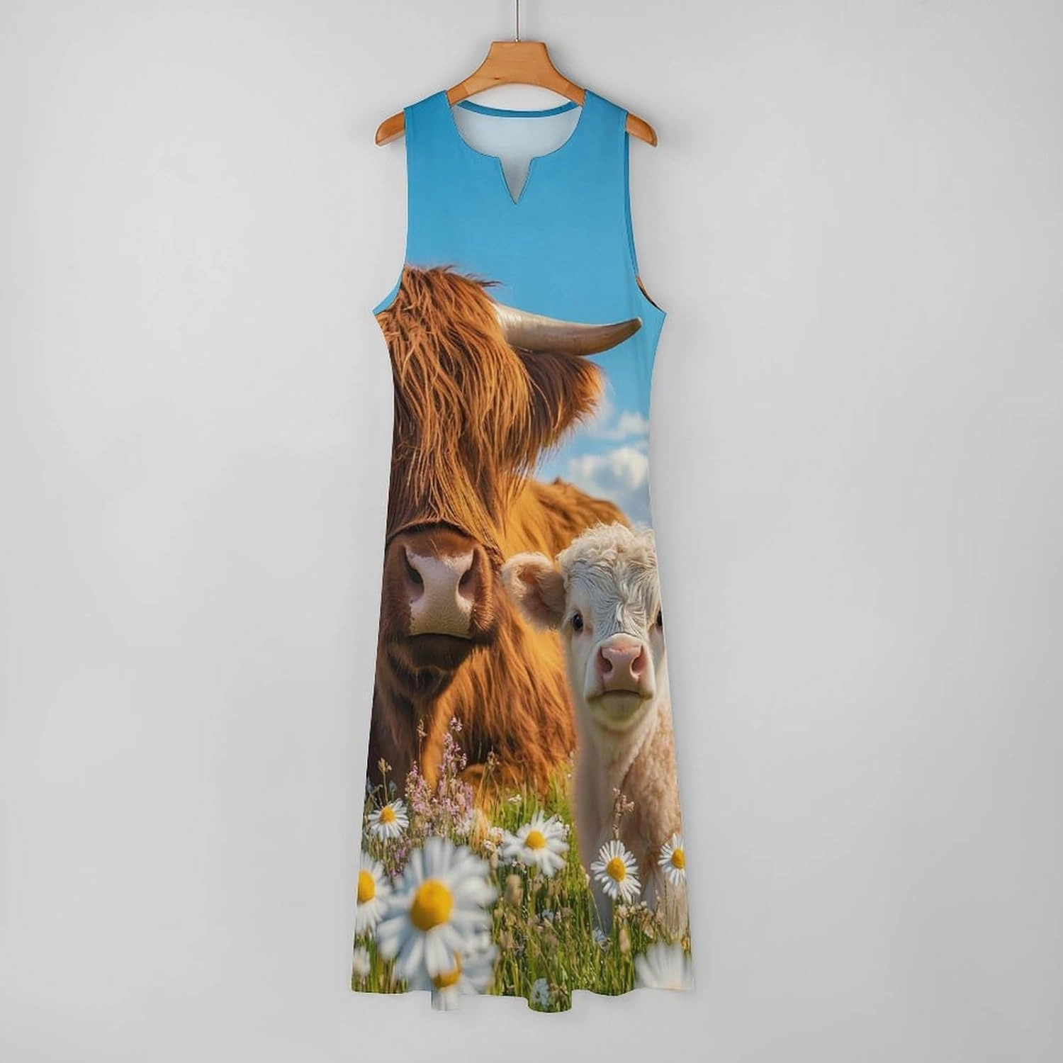 Highland Cow Women's Maxi Dress V-Neck Sleeveless Summer Casual Beach Long Dresses