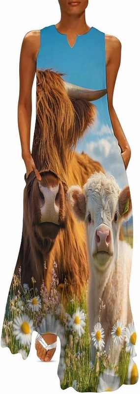 Highland Cow Women's Maxi Dress V-Neck Sleeveless Summer Casual Beach Long Dresses