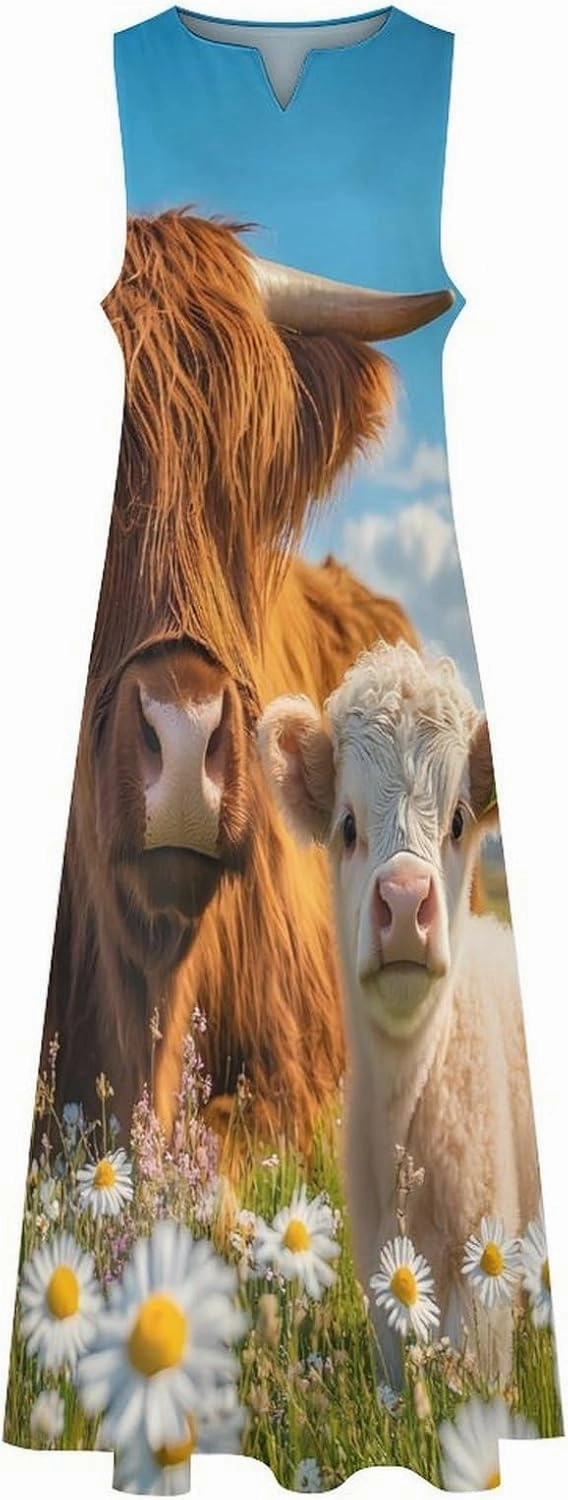 Highland Cow Women's Maxi Dress V-Neck Sleeveless Summer Casual Beach Long Dresses